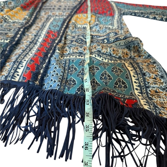 Umgee Open Fringe Hem Cardigan Kimono Patchwork Mix Print S/M Red Blue Yellow - Picture 11 of 14